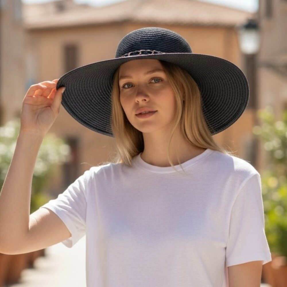 Magrid Chain Link Brim Straw Wide Brim Floppy Sun Hat by CC Boutique